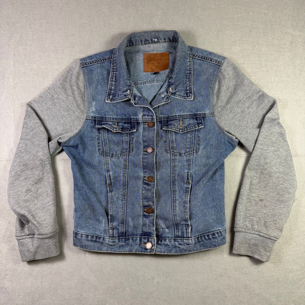 BBJ Los Angeles Women’s Denim Jacket Gray Fleece Hooded Sleeves Size L
